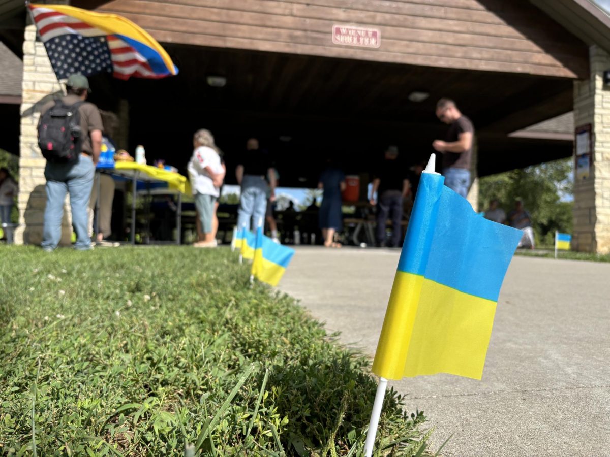 Ukrainian flags were planted in the ground around the Walnut Shelter at Inis Grove Park for the Ukrainian Independence Day celebration.