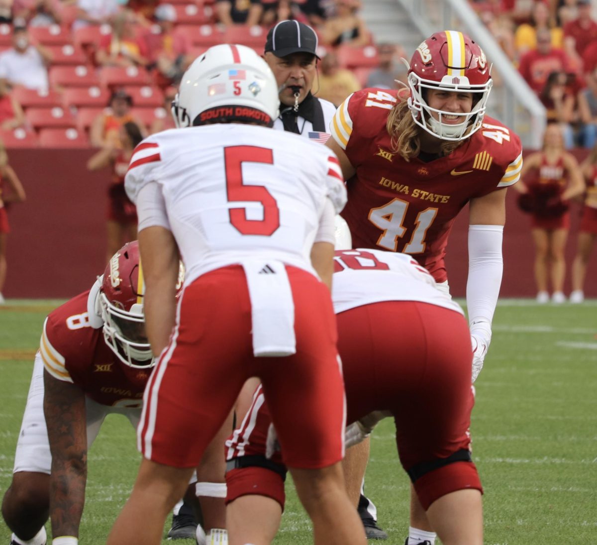 Rylan Barnes (41) of Iowa State Cyclones smiles in between plays against the South Dakota Coyotes during the second half.
