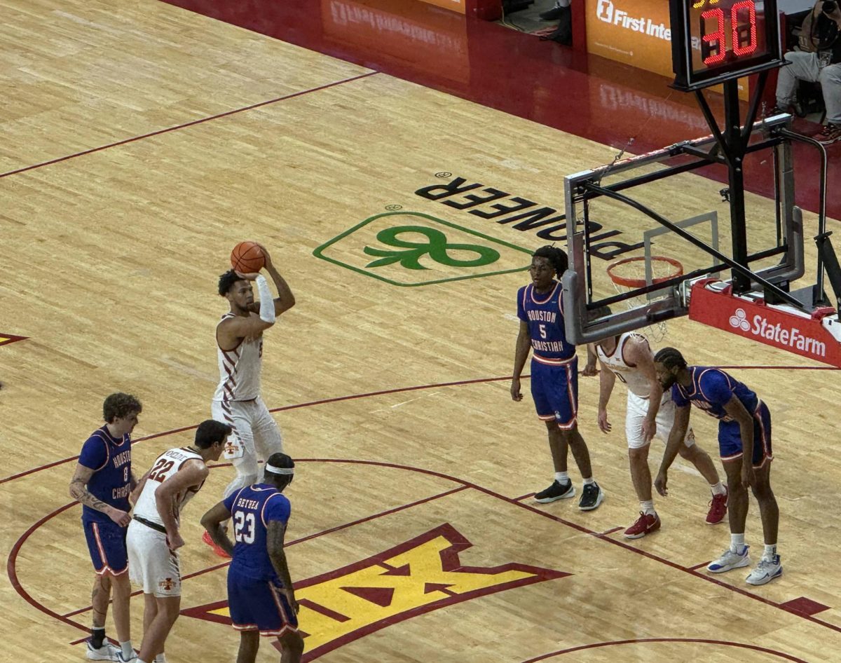 Joshua Jefferson (5) of Iowa State attempts a free throw during the first half of Monday's game against Houston Christian.
