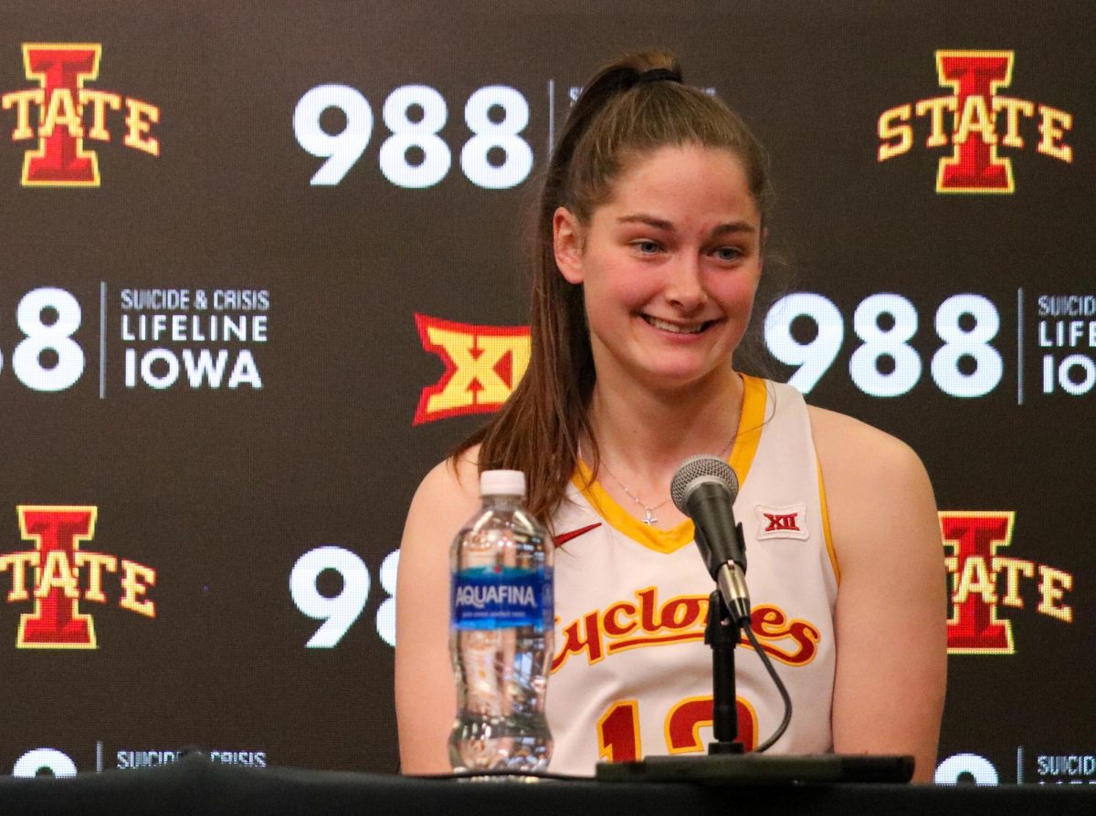 Kenzie Hare (12) of Iowa State connected one basket in her 34 minutes of play against Kansas on Sunday, the game winner.