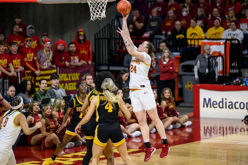Addy Brown (24) of Iowa State rises for a basket in the first half against Iowa. Brown finished with 20 points, 12 rebounds and 5 assists.