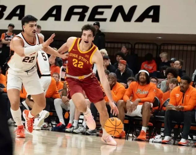 Milan Momcilovic (22) of Iowa State Drives toward the basket. (Photo: Big 12 Conference)