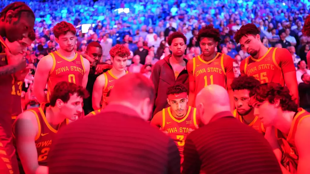 Iowa State's men's basketball team huddles up during Tuesday's game at Kansas. (Photo: Jeff Spaur/Iowa State Athletics)