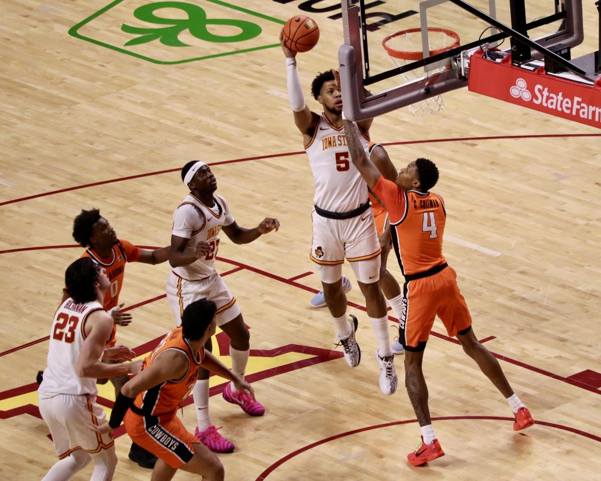 Joshua Jefferson (5) of Iowa State rises for a field goal attempt in the first half of Saturday's game against Oklahoma State.