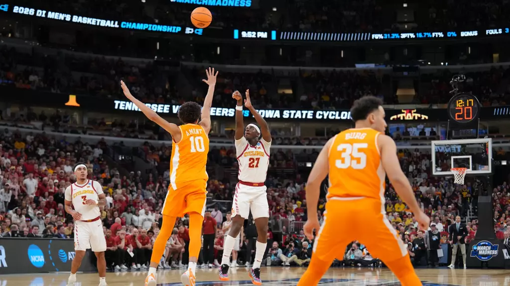 Killyan Toure (27) of Iowa State launches a 3-point basket in the first half. Toure connected, and tallied nine points in the Cyclones' Sweet 16 loss to Tennessee. (Photo: Jeff Spaur/Iowa State Athletics)