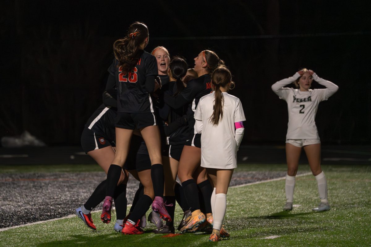 Ames’ Natalie Westort (2) cheers with teammates after scoring to tie the game 1-1 against Pella during a home match on Monday.