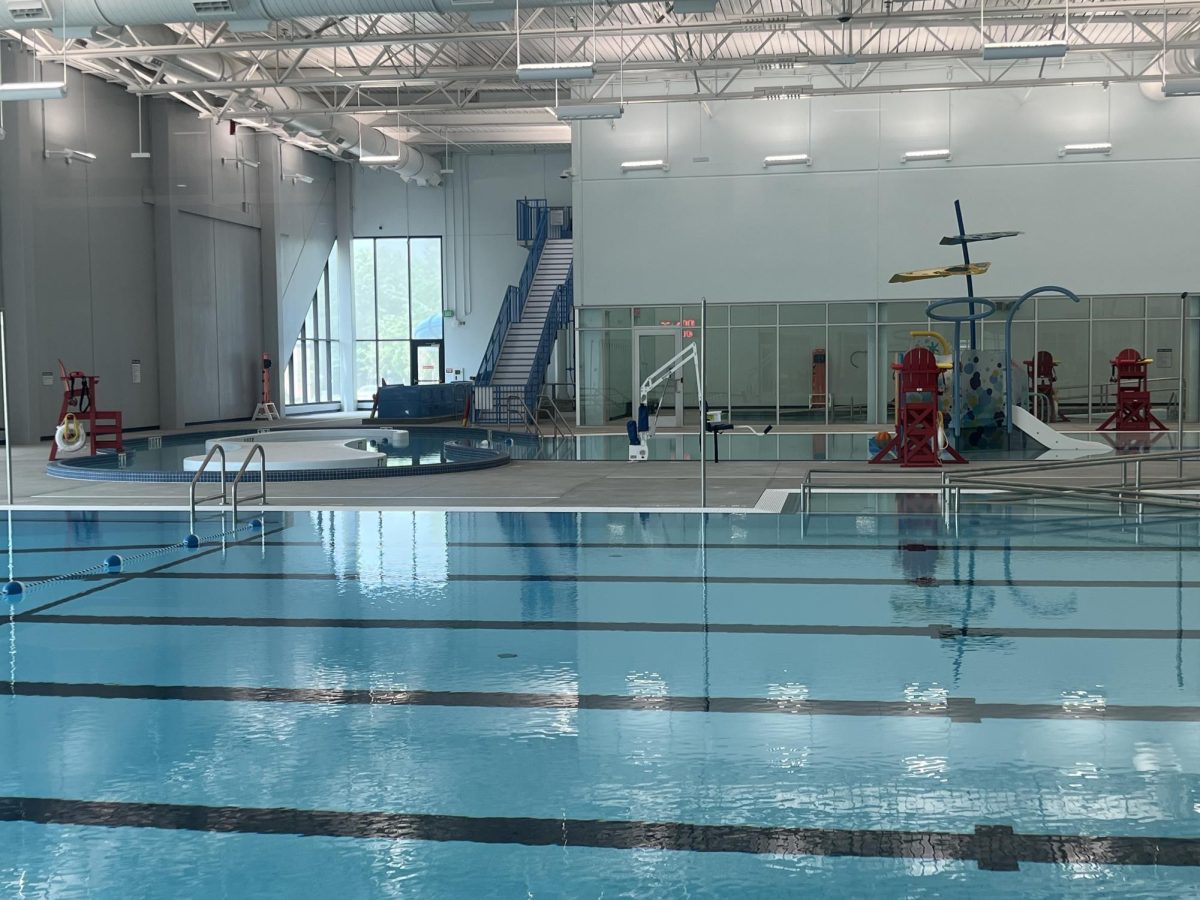 In the background are the stairs leading to the water slide at the Fitch Family Aquatic Center.