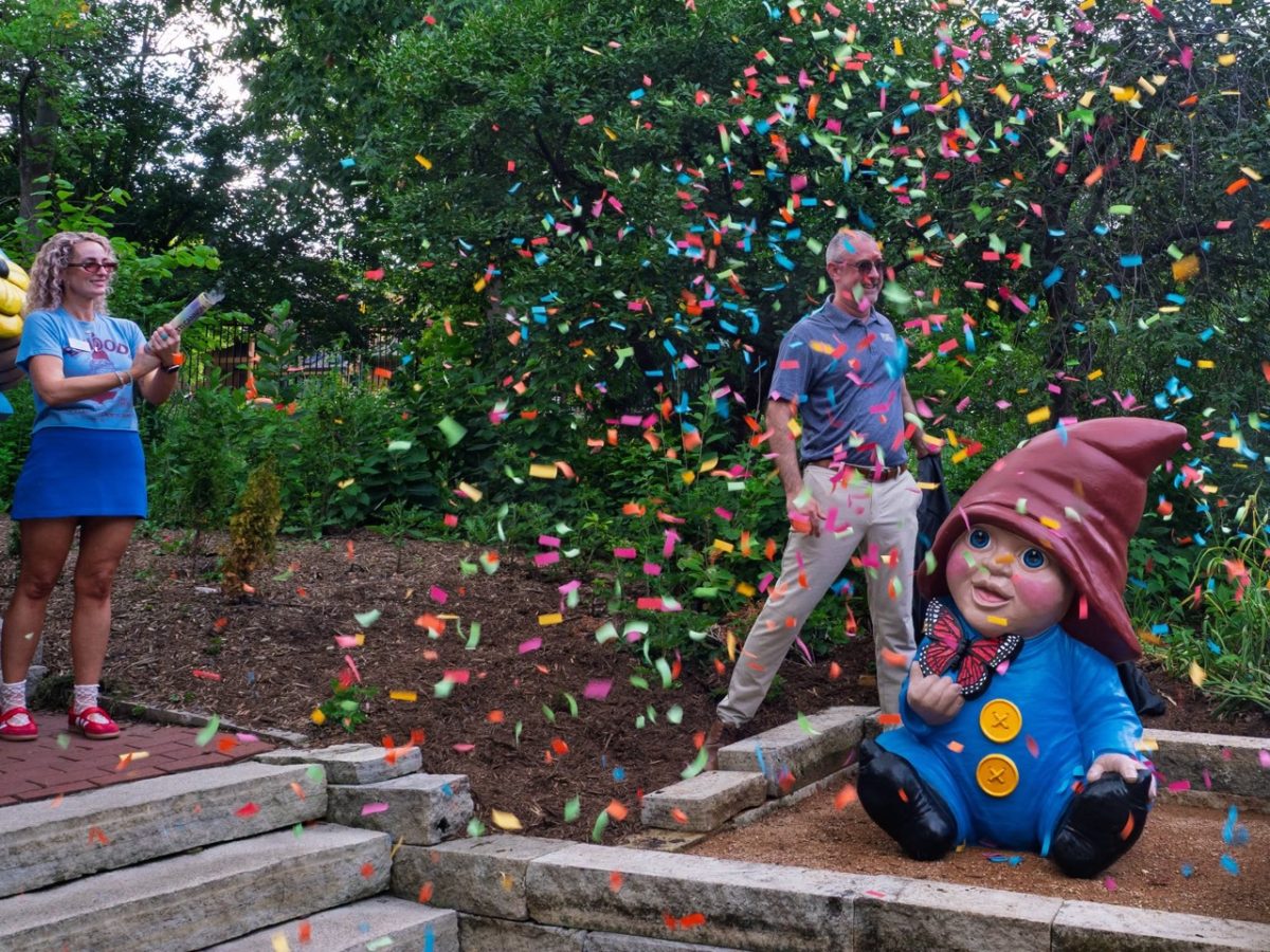 Reiman Gardens recently unveiled its new permanent baby gnome (who still needs a name). The sculpture will be placed next to Elwood, the world’s largest concrete gnome. (Photo: Rick Bartosh/Reiman Gardens)