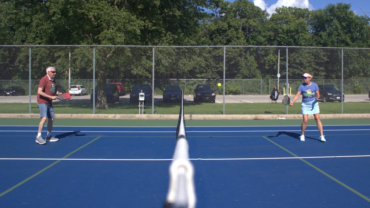 Two club members pass a quick volley between the net.